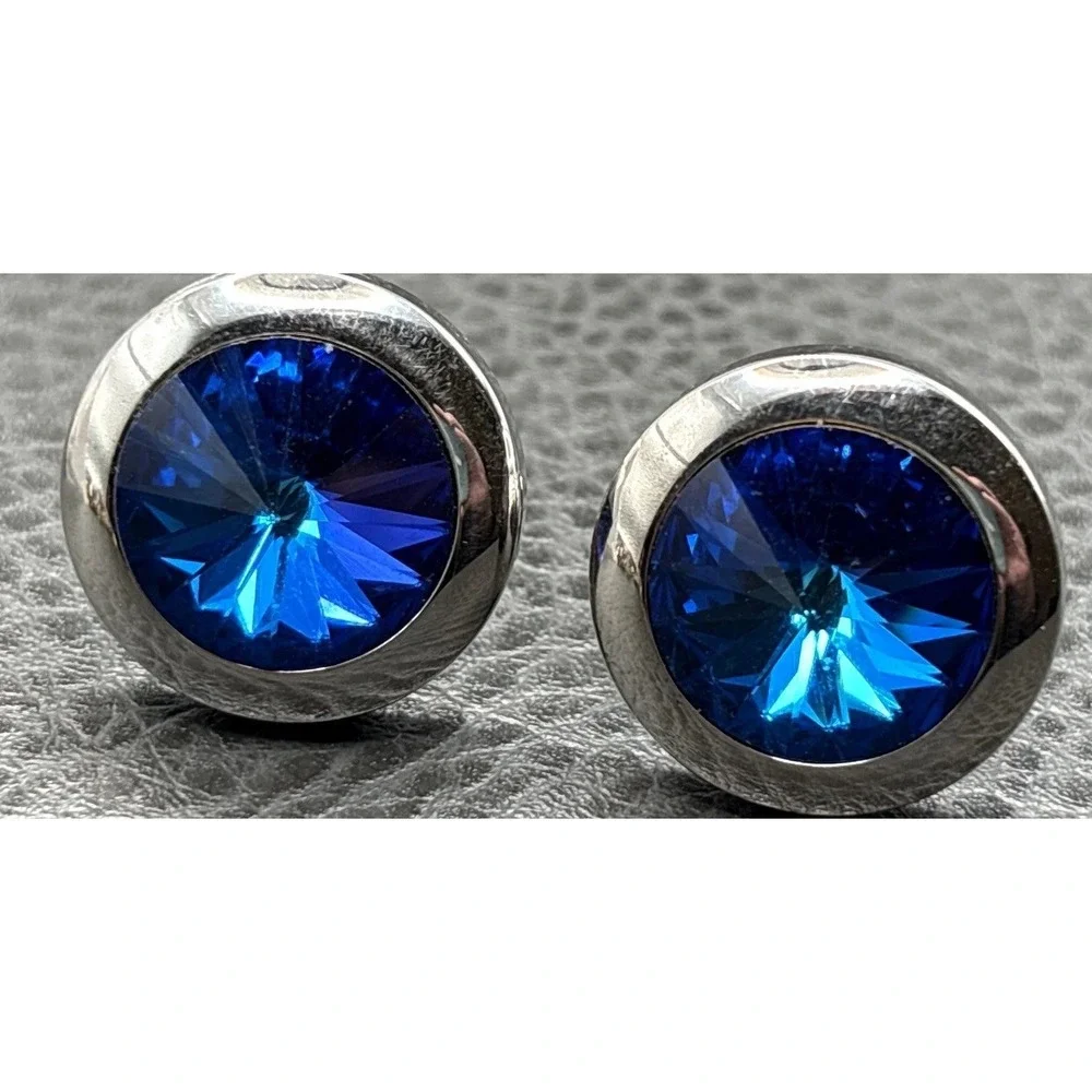 Vintage Silver Tone Royal Blue Rivoli Rhinestone Crystal Starburst Cufflinks